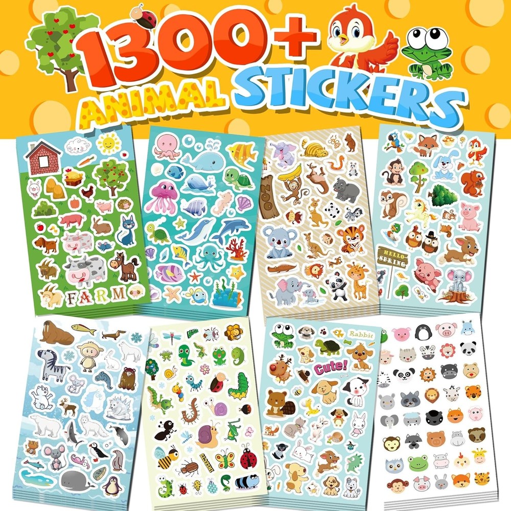 1300+ Stickers for Kids, 8 Sheets Cute Animal Stickers Bulk for Classroom Crafts
