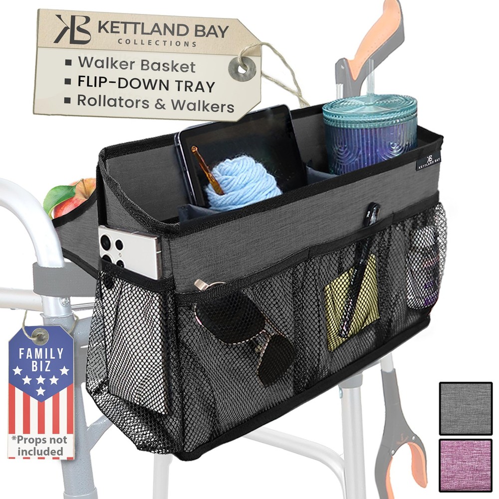 Folding Walker Basket with Flip-Down Tray and Cane Holder for Mobility Aid
