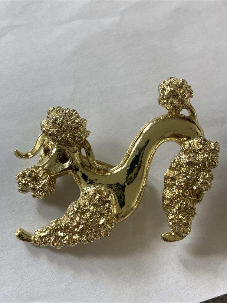 Vintage Signed Gerry's Poodle Dog Red Rhinestone Eyes Silver Tone Brooch Pin 2