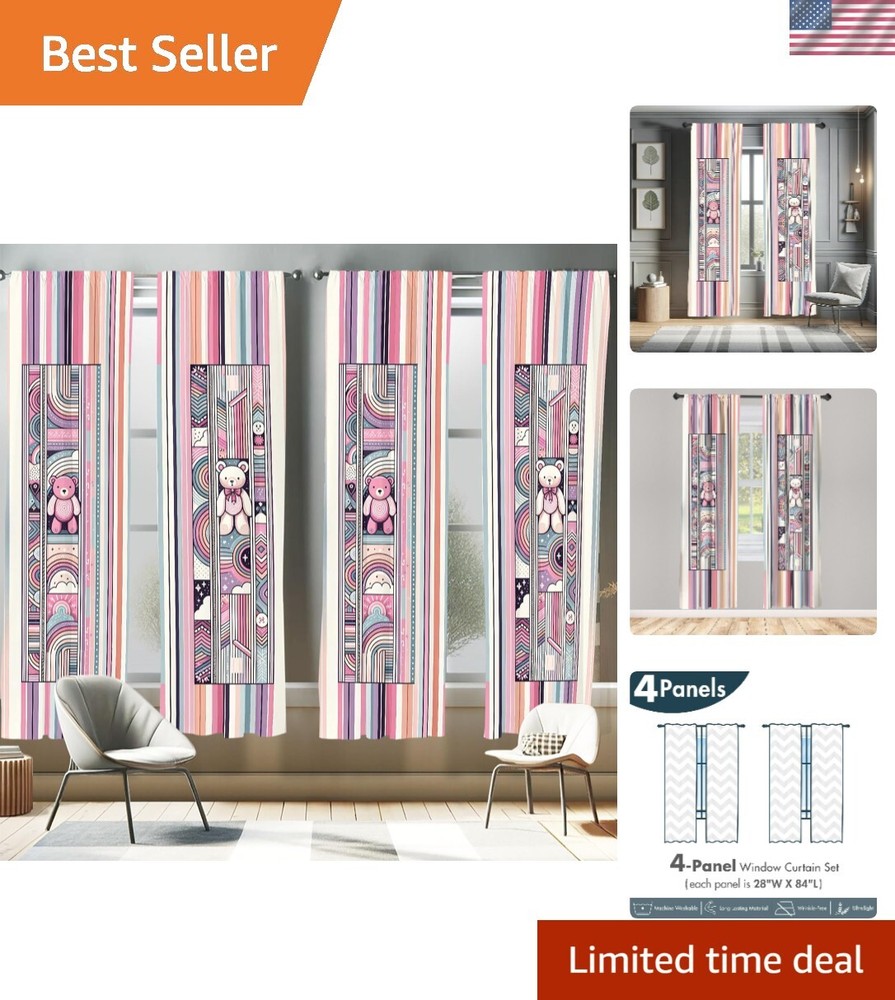 Bear Window Curtains Set of 2 - Pastel Road Stripes Modern Design