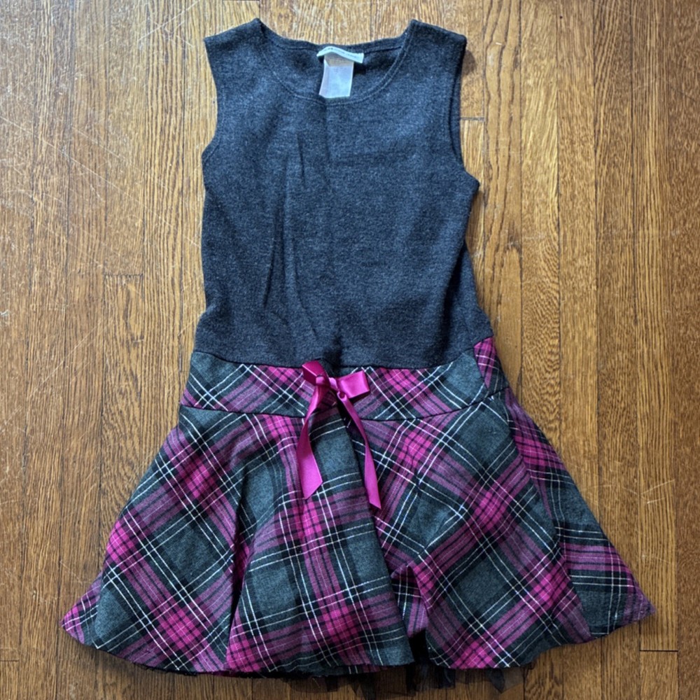 Bonnie Jean Girls Fit & Flare Plaid Dress Gray Pink Sleeveless Bow Size 10