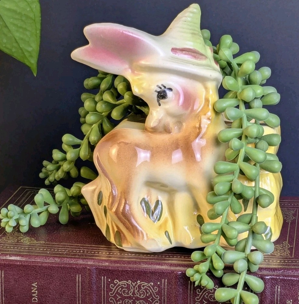 Vintage Ceramic Donkey Planter Yellow And Punk Mid Century Nursery Farm Decor