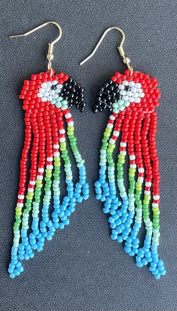 Boho Native American Seed Style Bead Beaded Parrot Earrings Fringe Tassel Long