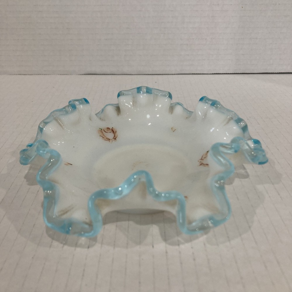 Fenton Aqua Crest White Opalescent Milk Double Crimped Glass Candy Dish Bowl
