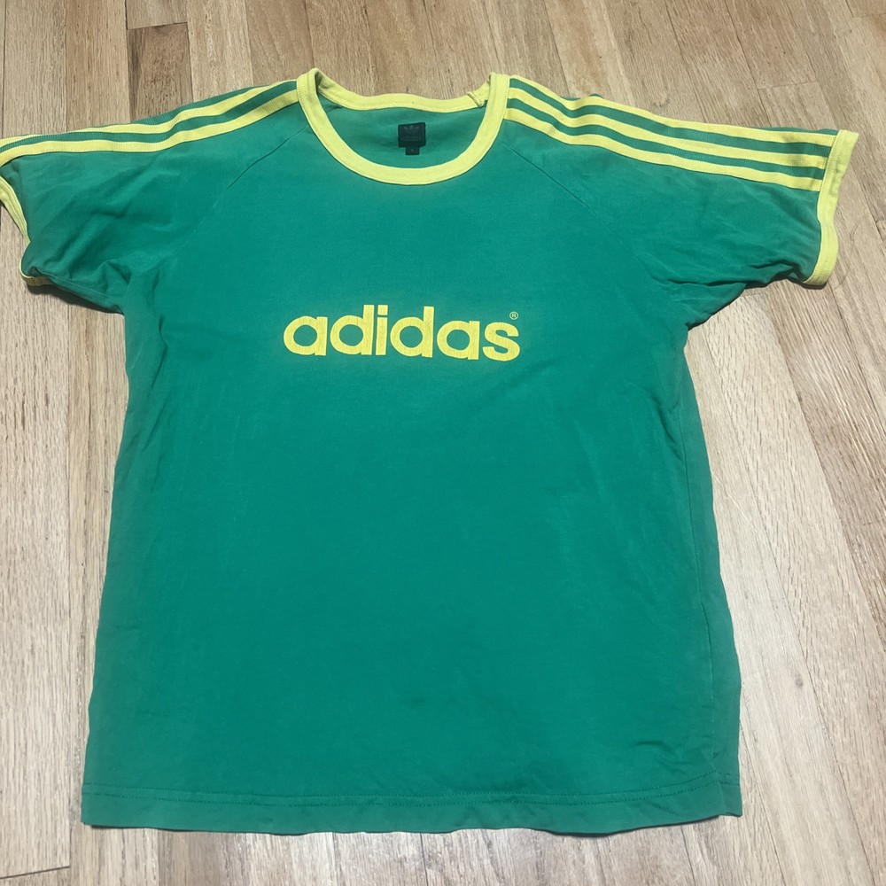 Vintage Adidas T Shirt Streetwear 90s Y2K Australia Green Yellow Stripe Women M