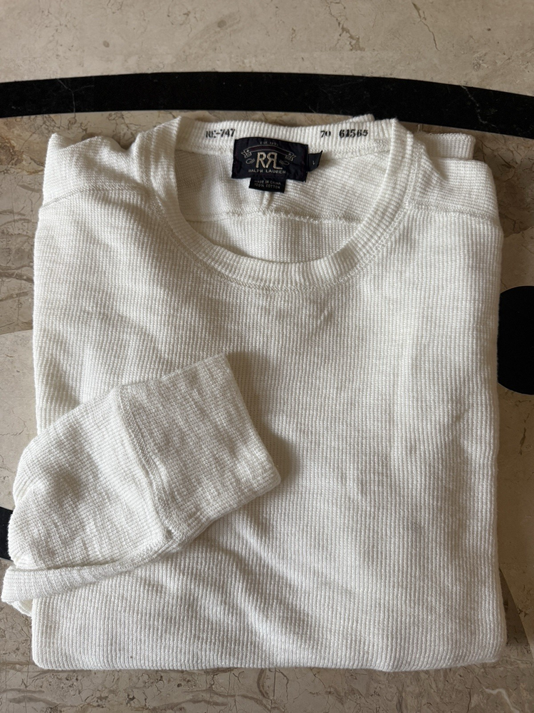 RRL Ralph Lauren 100% COTTON WHITE Shirt Mens Waffle Knit Henley Thermal  SLIM L