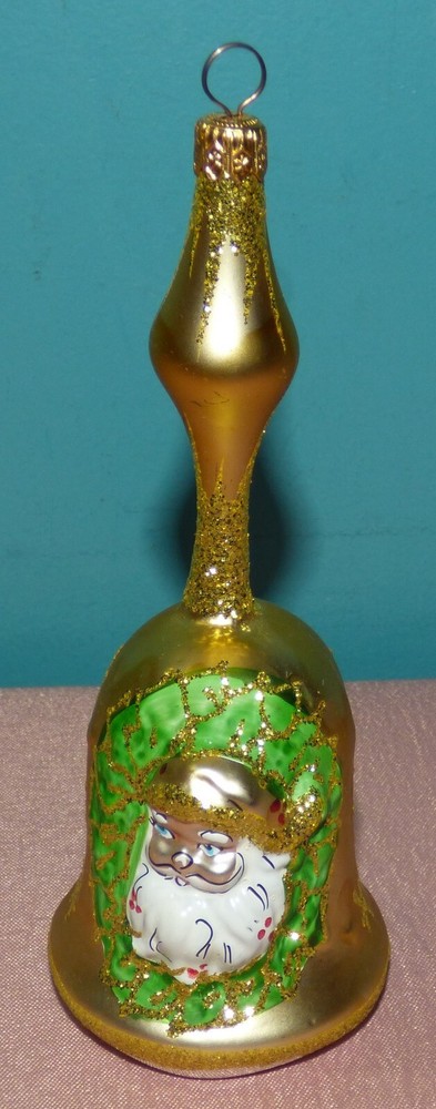 Vintage Glass Gold Blown Santa Glitter Bell Christmas Ornament