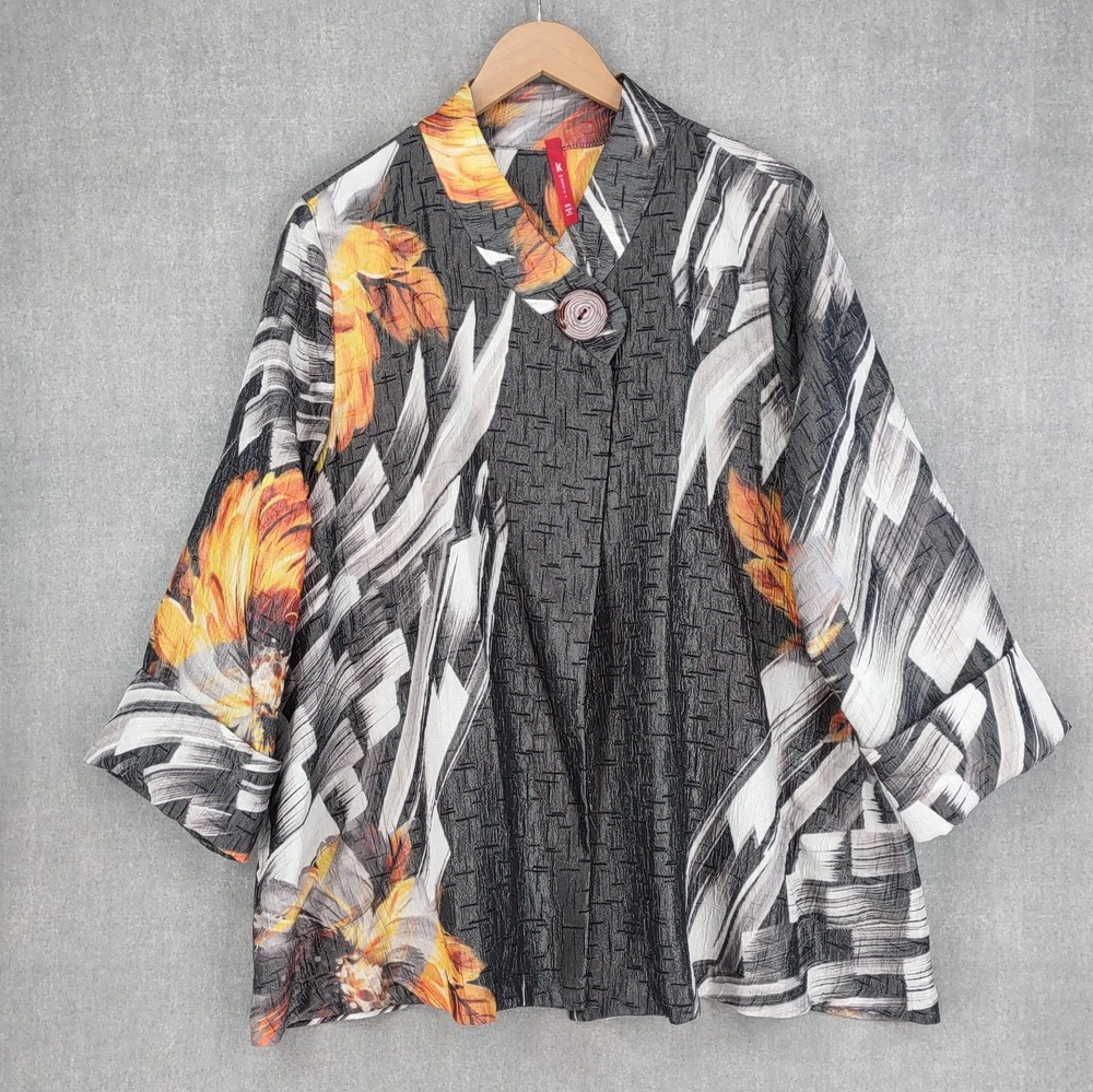 IC by Connie K Jacket 2XL Abstract Art Wear Crinkle Lagenlook 3/4 Button Up USA