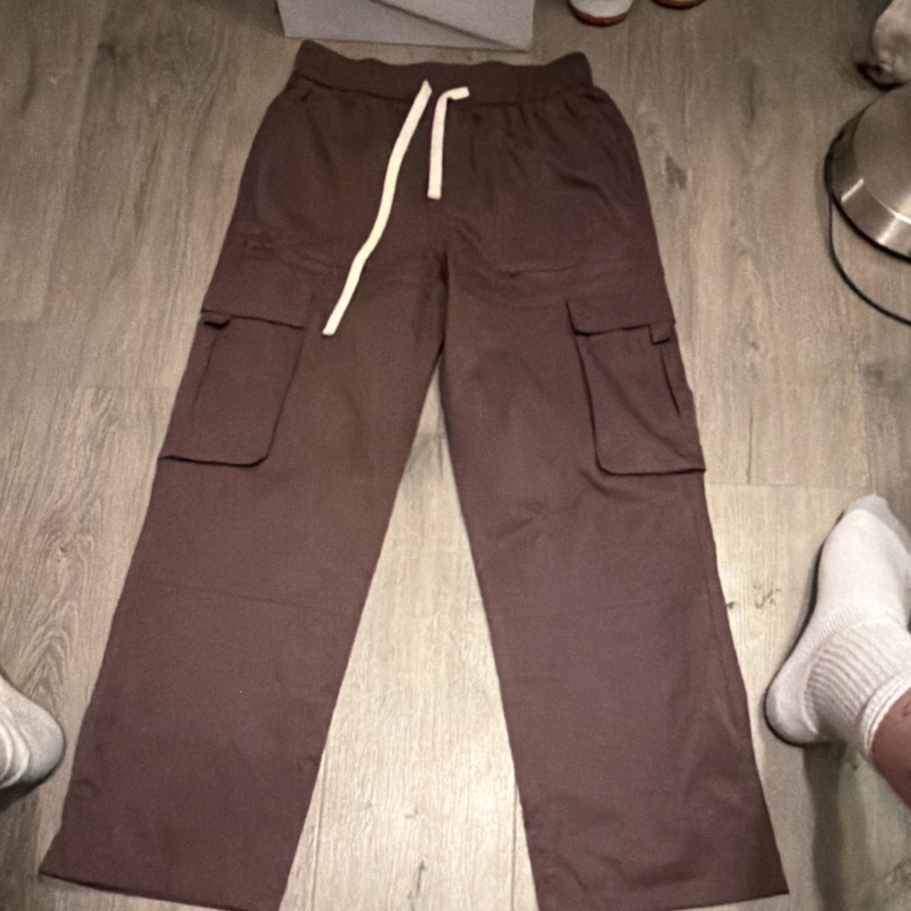 Brown Cargo Pants Men's Size L Drawstring Waist Straight Leg Pockets Casual