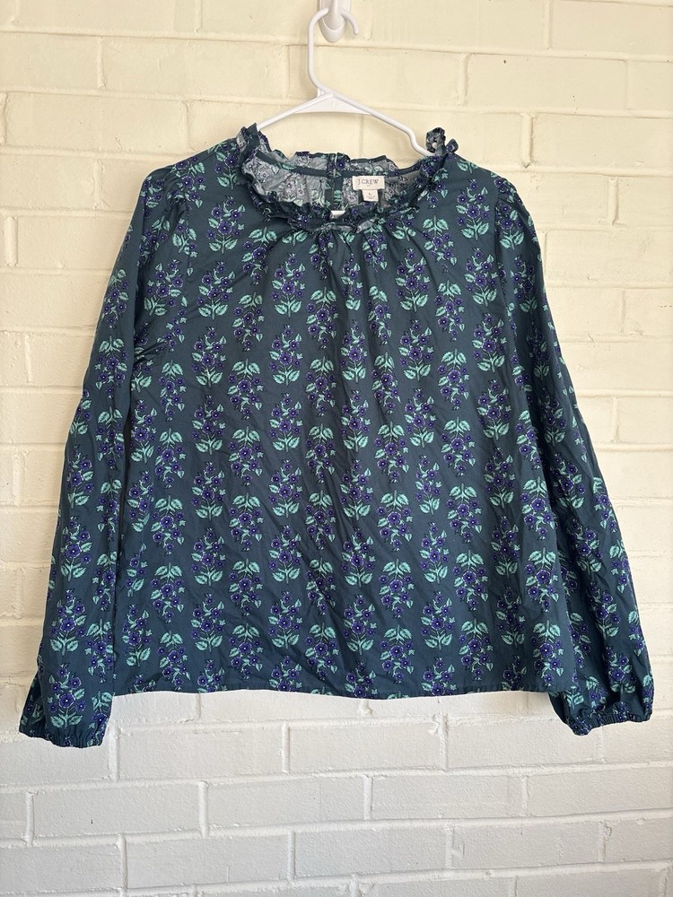 J Crew Womens Long Sleeve Ruffle-Neck Poplin Green Floral Blouse Size Large