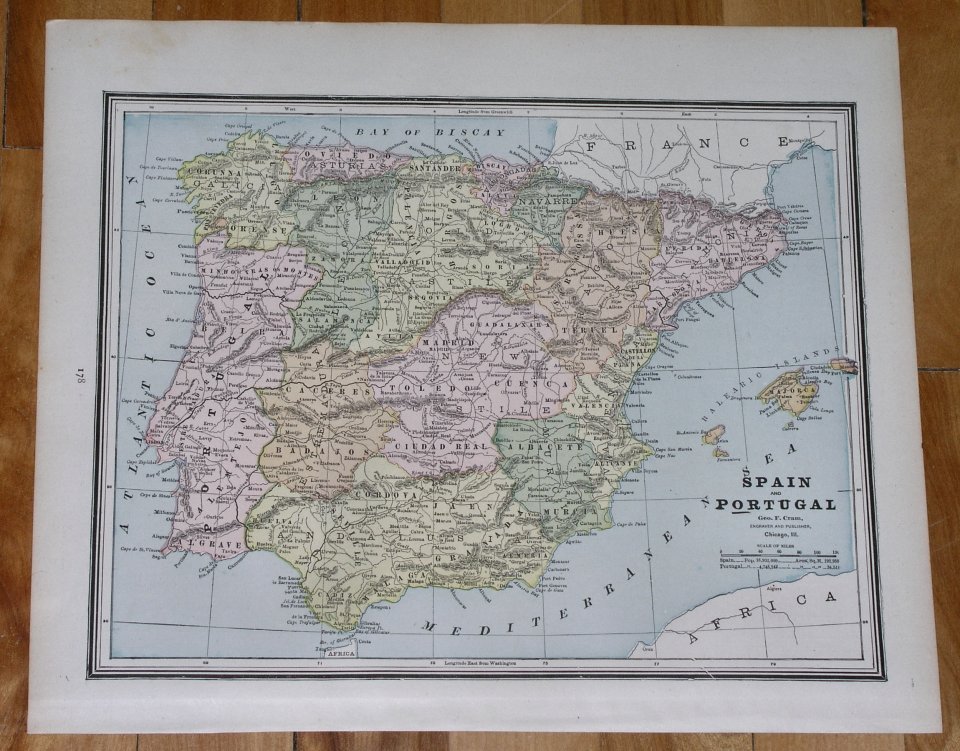 1890 Antique Map Of Spain Portugal / Verso Netherlands Denmark