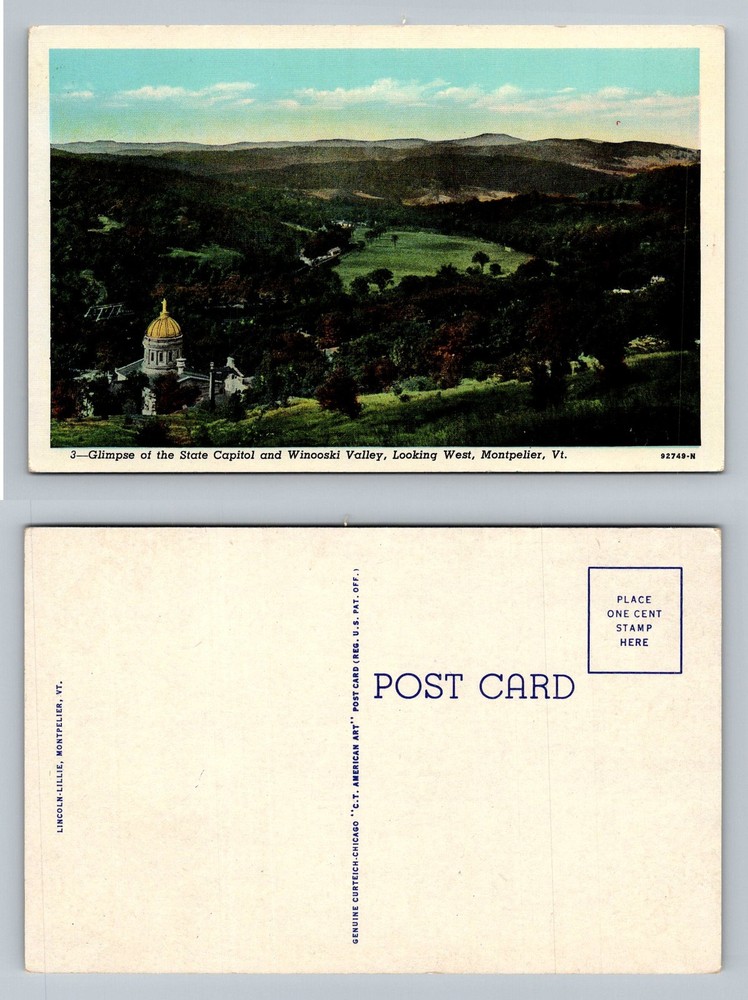Montpelier, VT-Vermont, Scenic Winooski Valley & State Capitol Vintage Postcard