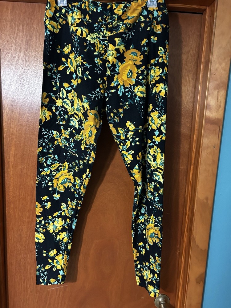 Lularoe TC Tall And Curvy Floral Patterned Women's Leggings Black Yellow