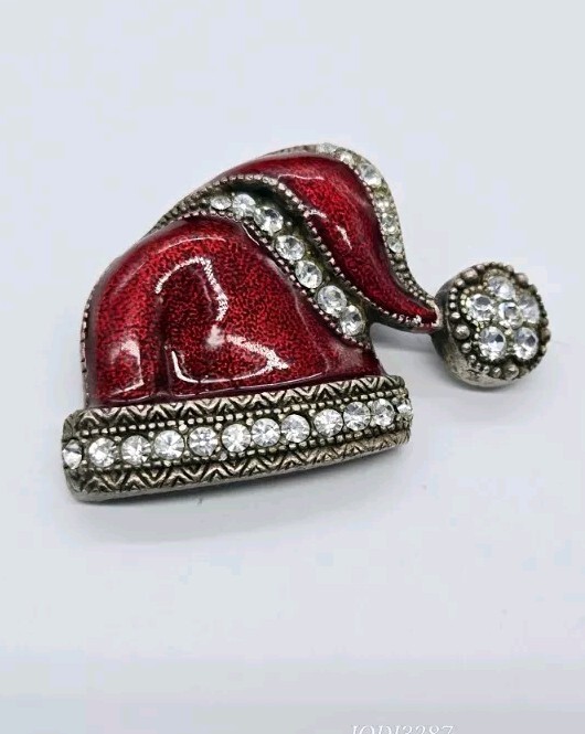 Santa HAT BROOCH Pin Stocking Hat Red Enamel Pewter Crystal Accent Christmas #2-image