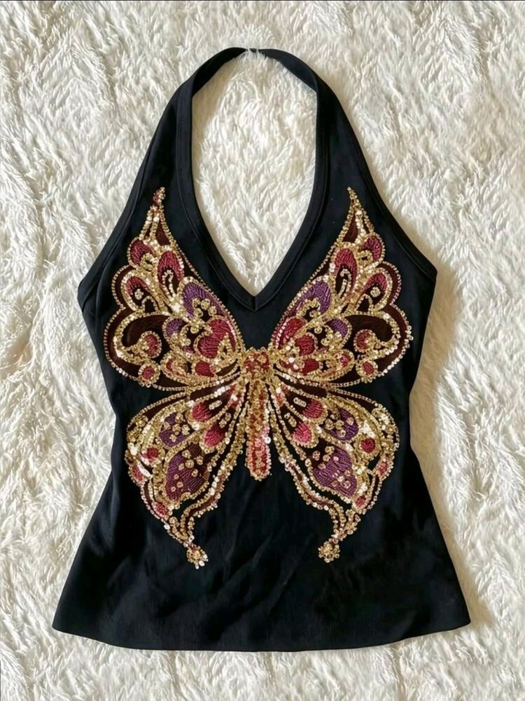 Vintage Y2K Sequin Butterfly Halter Top