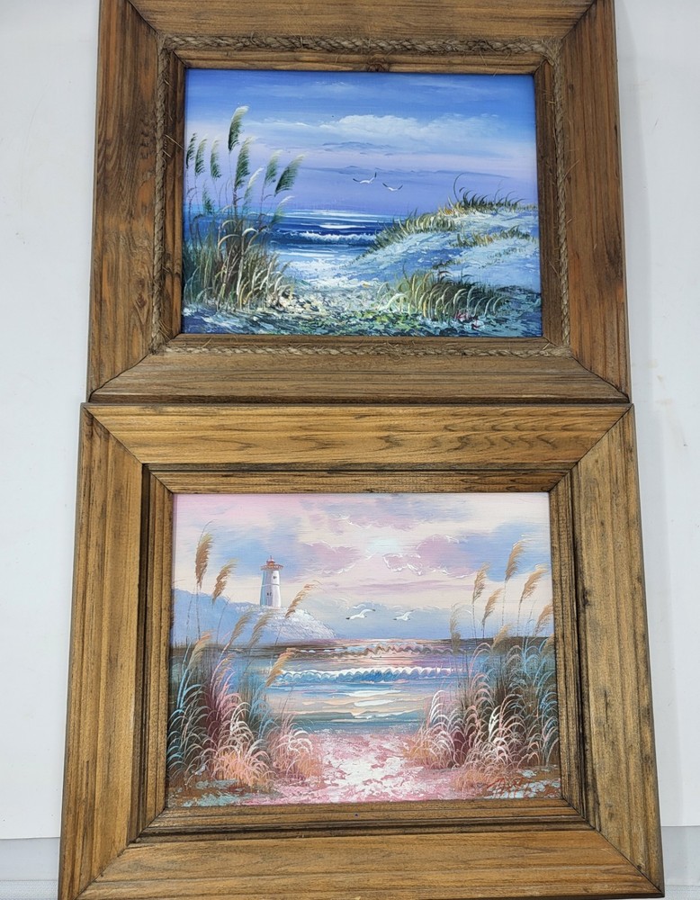 Framed Pair of Signed Coastal Scene Oil Paintings on Canvas Seashore Lighthouse
