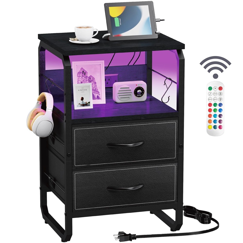 LED Nightstand with USB-C Charging, Drawers & Adjustable Light