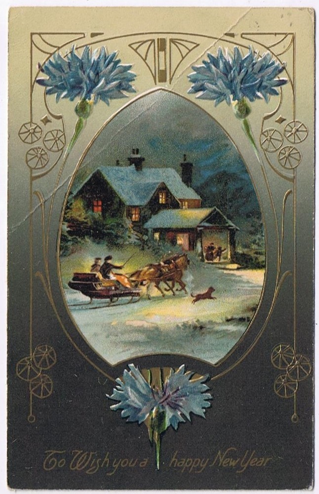 Postcard Embossed To Wish You A Happy New Year Evening Home Horse Sleigh