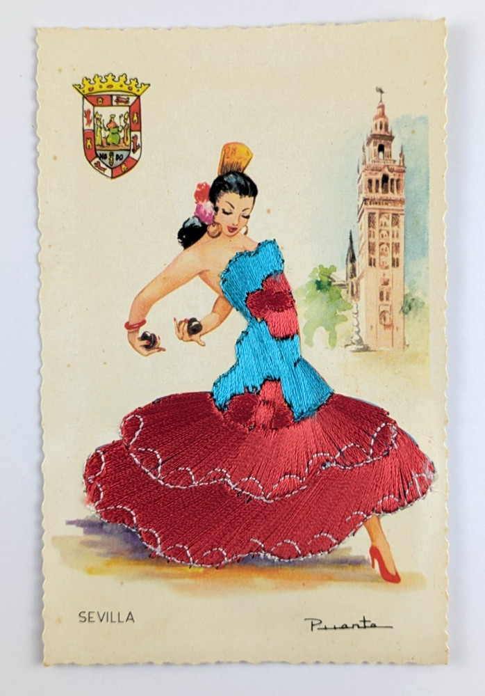 Spain Sevilla Woman Flamenco Dancer Giralda Tower Embroidered Postcard