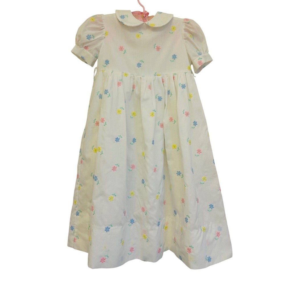 Vintage Girls White Floral Embroidered Peter Pan Collar Dress Handmade Pastel