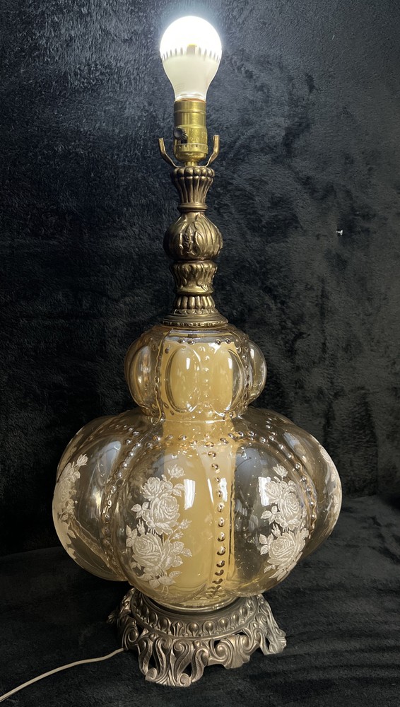Accurate Casting Glass Bubble Leviton Lamp Dotted & Etched w/ Roses Bronze/Brass-image
