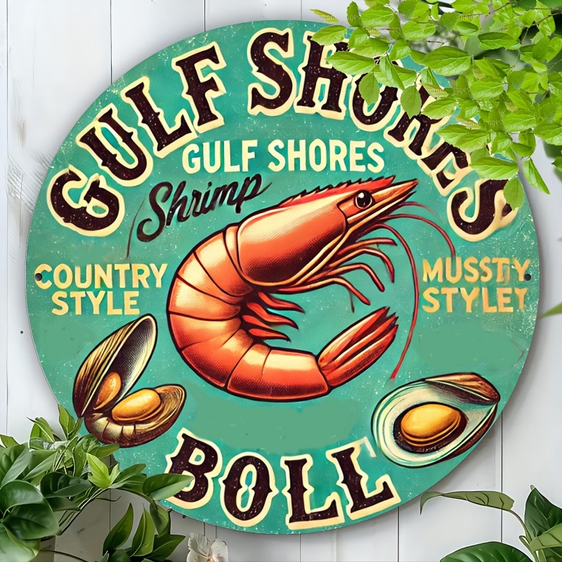 1pc Gulf Shores Shrimp Tin Metal Signs 8x8 inch Round Aluminum Wall Art, Rustic