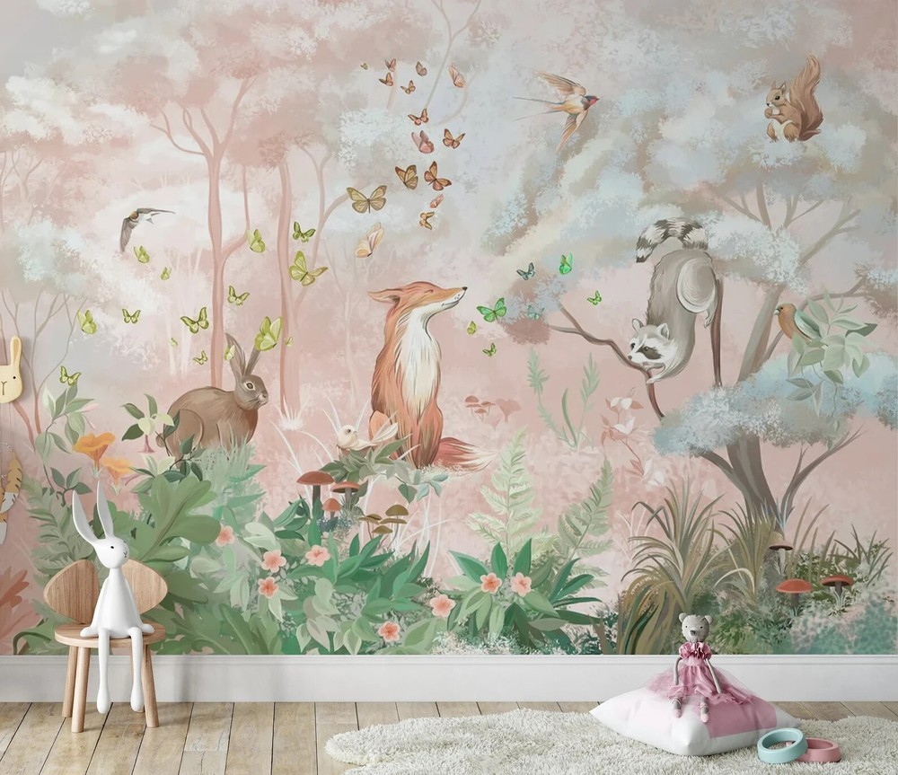 Papel tapiz pelar y pegar animales del bosque para niños, papel tapiz para guardería, animales del bosque