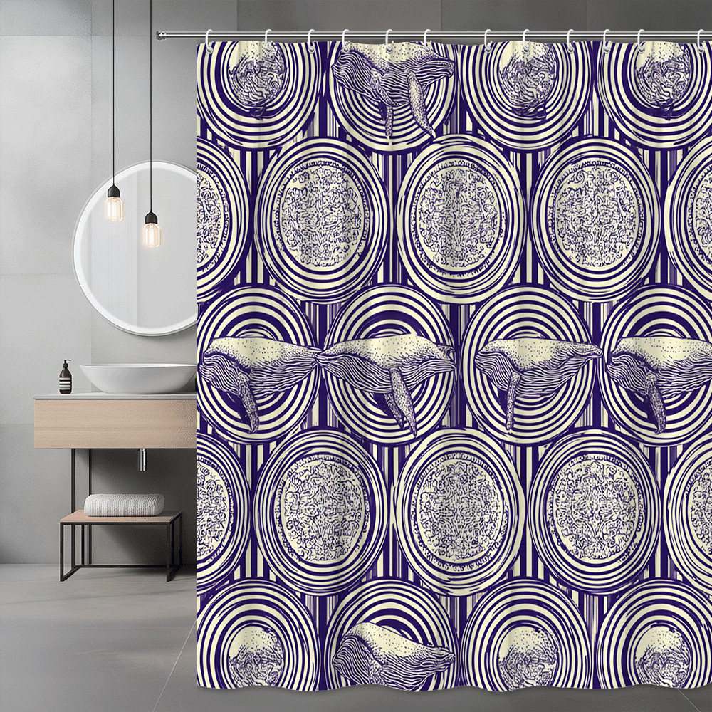 Whale and Circle Print Shower Curtain, Navy White Graphic Pattern