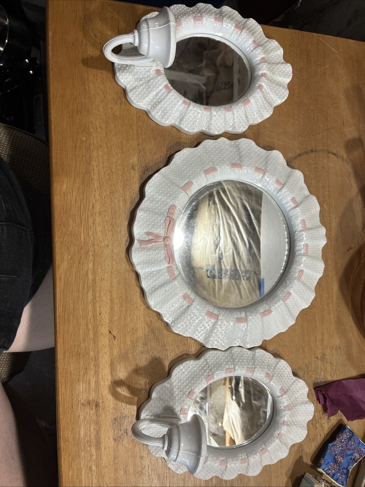 🎀 Vintage Mirror Sconce Set White Hobnail Pink Bow by Homco 🎀