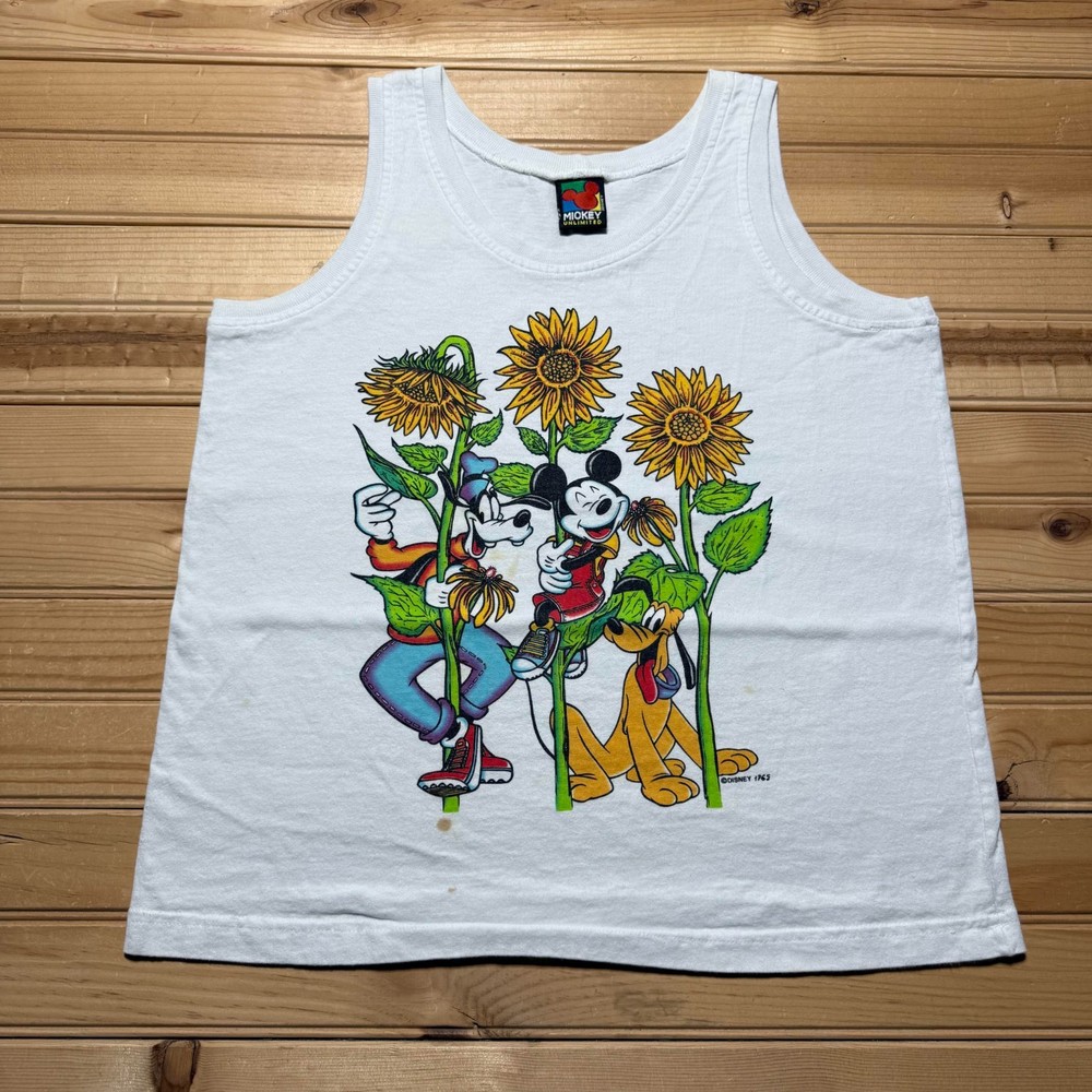Vintage 90s Disney Mickey Goofy Pluto Sunflowers Cartoon Graphic Tank Top Medium