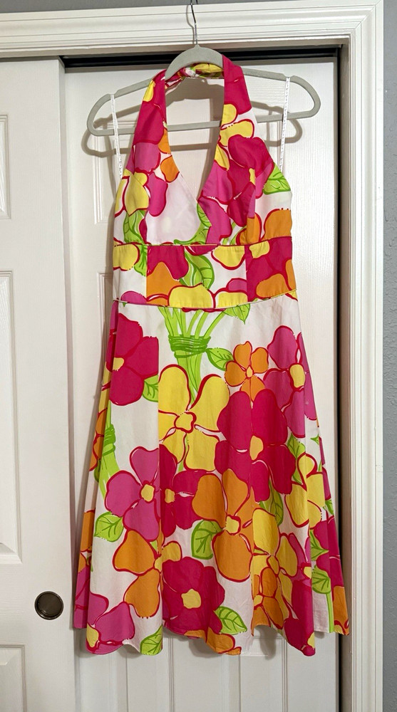 Lilly Pulitzer Women's 12 Pink Green Floral Halter A-Line Dress Cotton Lined