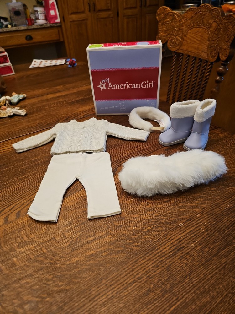 American Girl Soft As Snow Outfit Sweater Pants Skirt Boots & Box & Headband