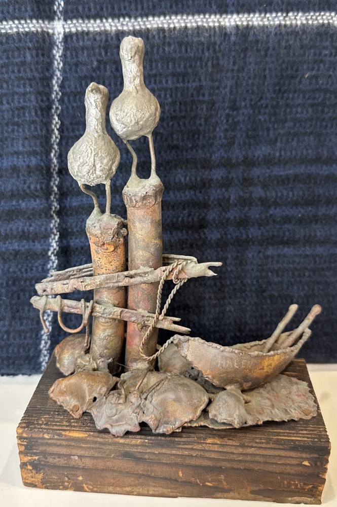 Vintage Halen Copper Brass Abstract Art Sculpture With seagulls and Boat-image