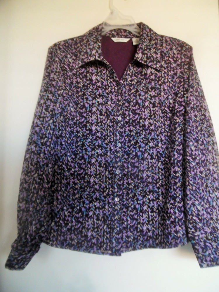 Laura Ashley Silk Wine Multi Color Button Front Lined Top Size 10