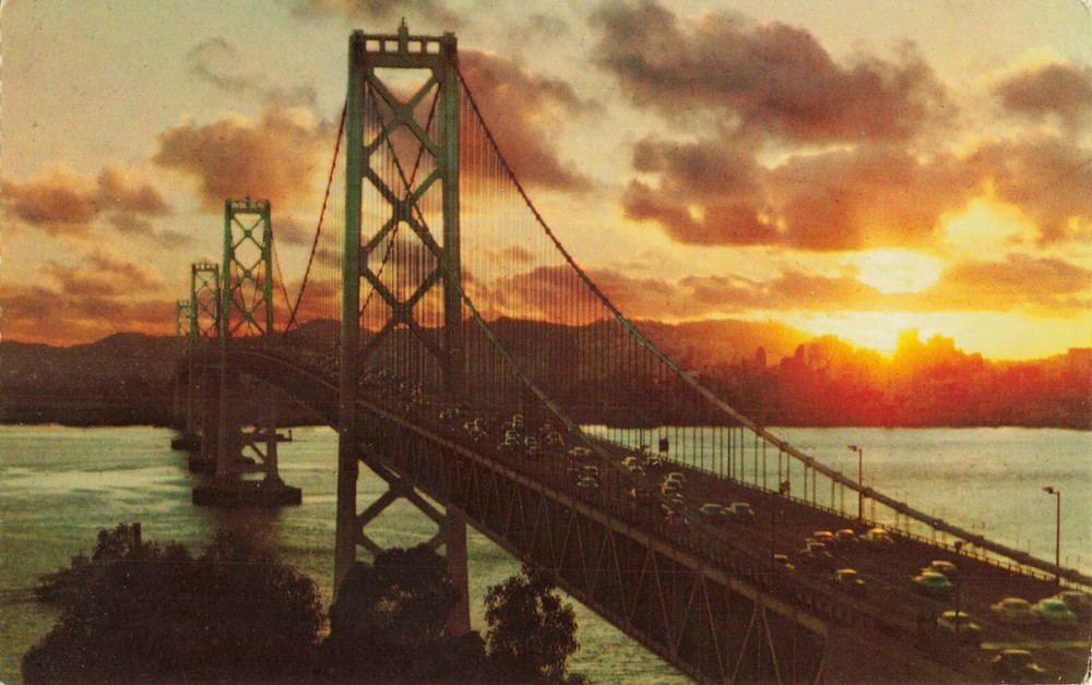 San Francisco Oakland Bay Bridge at Sunset California CA - Postcard