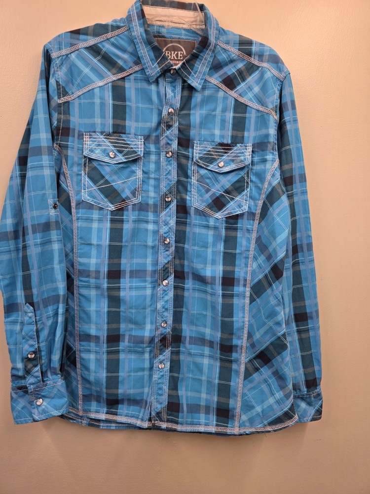 BKE Tailored Fit Men's Plaid Button-Up Shirt Blue Black Long Sleeve Pockets L
