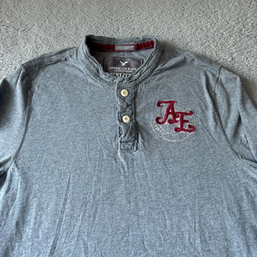 NEW American Eagle T Shirt Mens 2XL XXL Gray Henley Vintage Fit Long Sleeve Tee