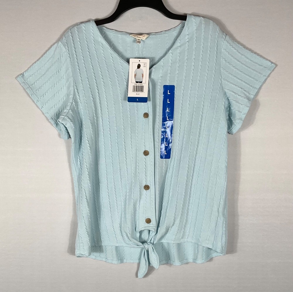 Weatherproof Vintage Sweater Womens Sz L Blue Tie Hem Button Up Short Sleeve NWT