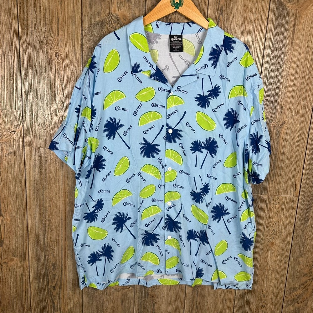 Corona Beer Lime Palm Trees Short Sleeve Button Up Shirt Rayon Mens Size XXL