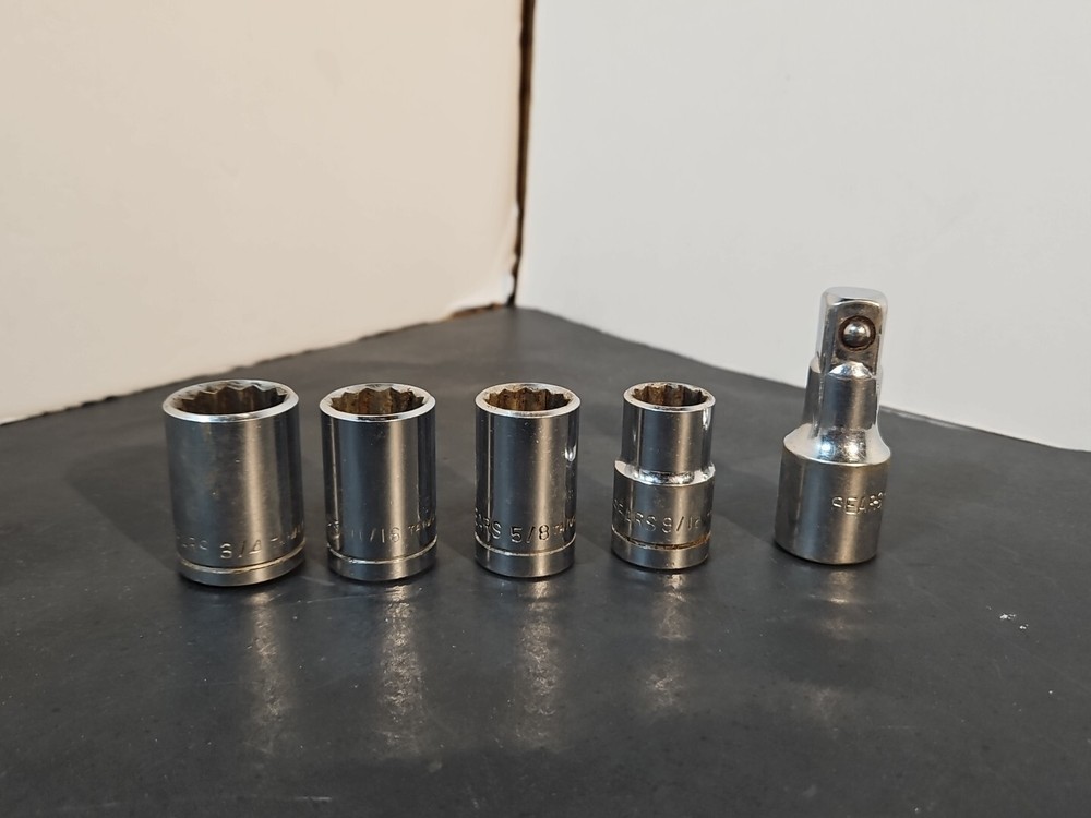 Vintage Sears 1/2” Drive 4 Piece SAE Sockets With Extension 12pt Lot Taiwan GUC