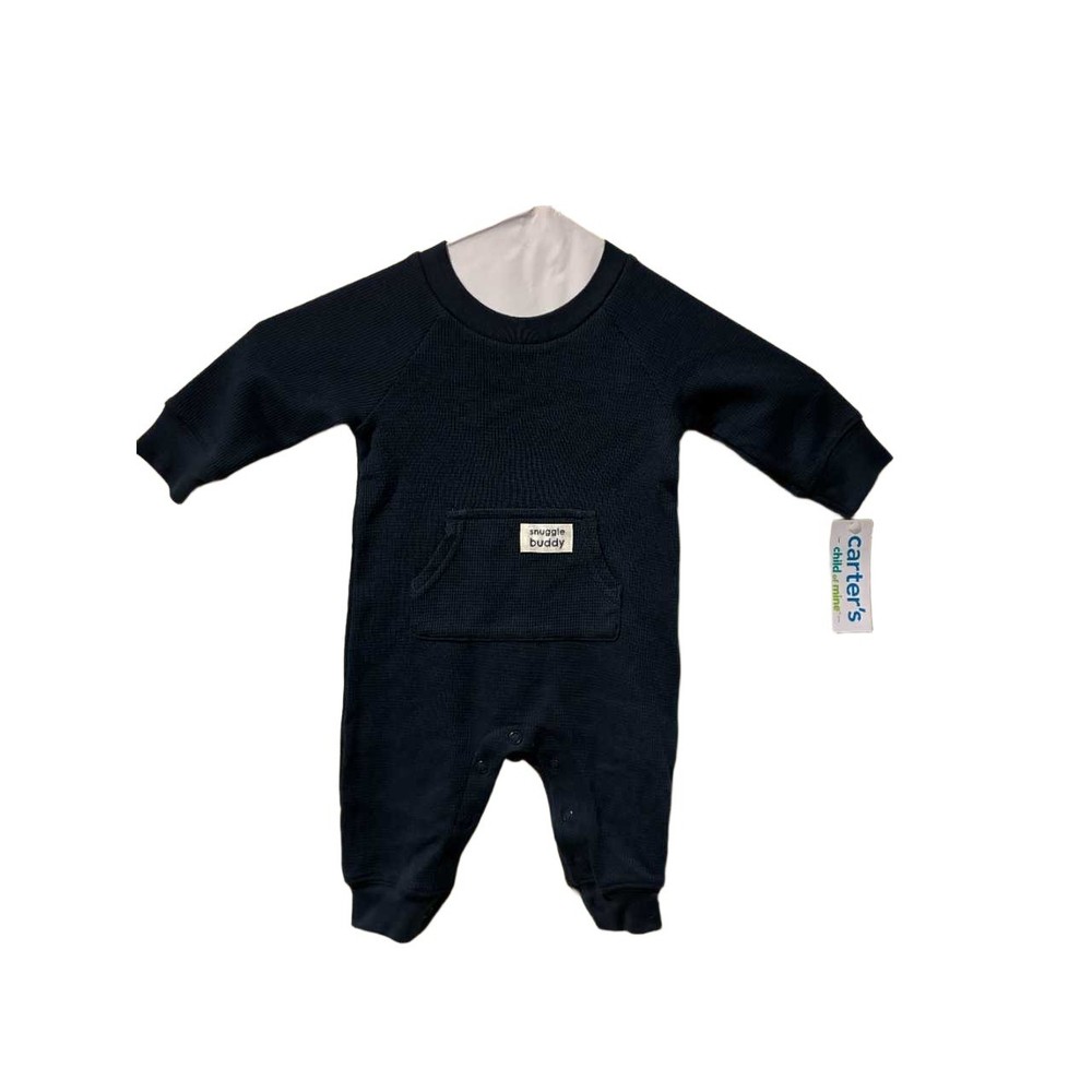 Carters Child of Mine Baby Boy Navy Blue Waffle Knit Romper Snuggle Buddy 0-3M