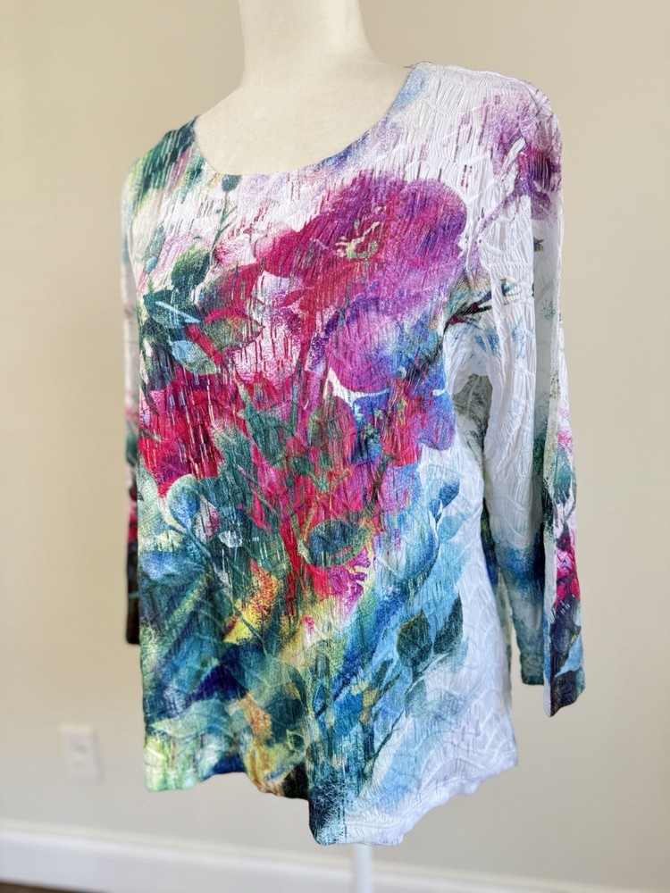 Leo & Nicole Women’s Petite Floral 3/4 Sleeve Texture Stretch Blouse Sz PL