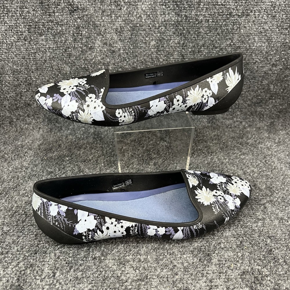 Crocs Iconic Comfort Black Floral Flats Women's Size 9 Slip On Lightweight