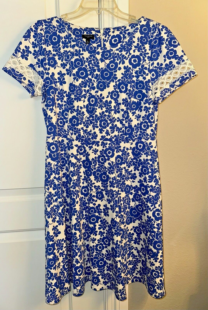 TALBOTS Petites M Blue & White Print Fit & Flare Dress Knit Lace PM