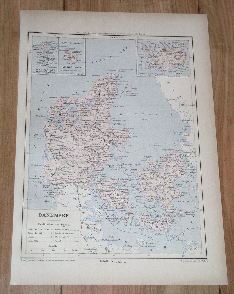 1887 Original Antique Map Of Denmark Bornholm Faroe / Iceland