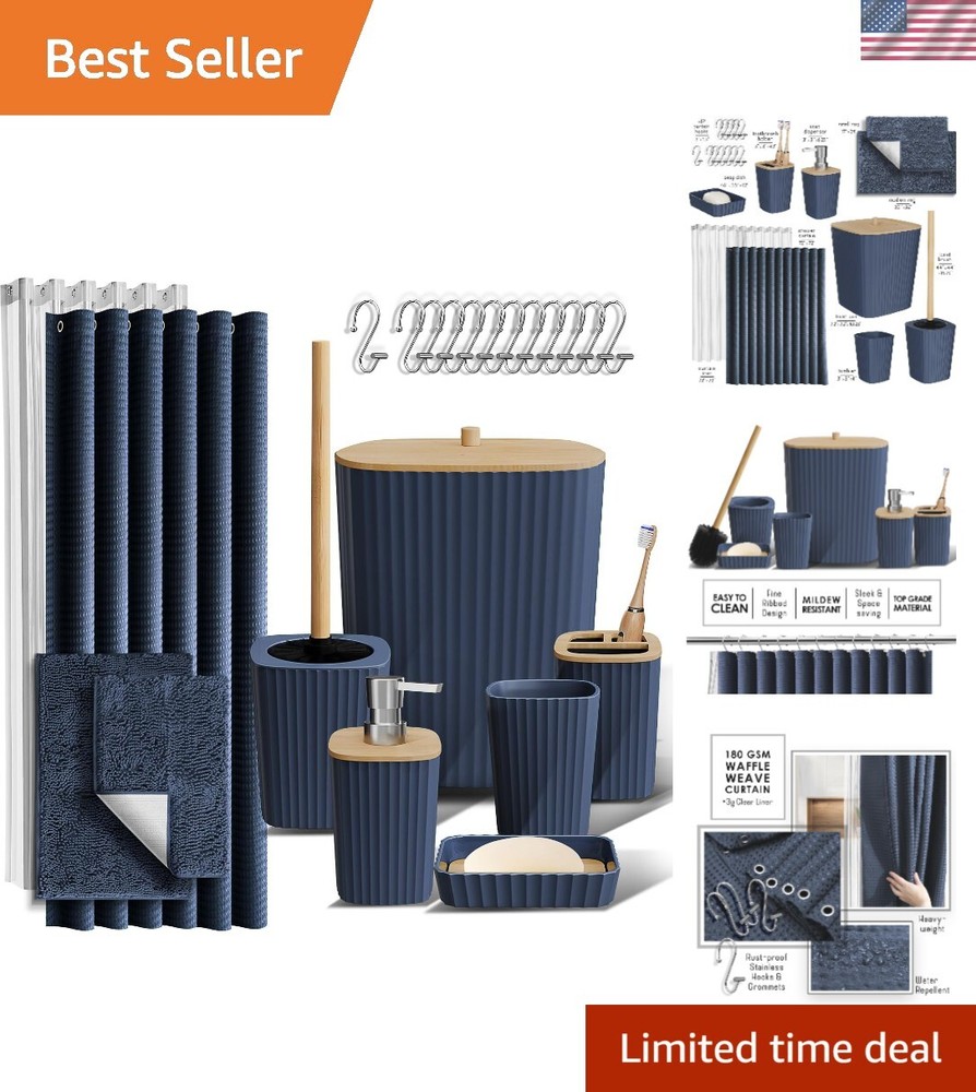 Navy Blue Bathroom Accessories Set with Shower Curtain