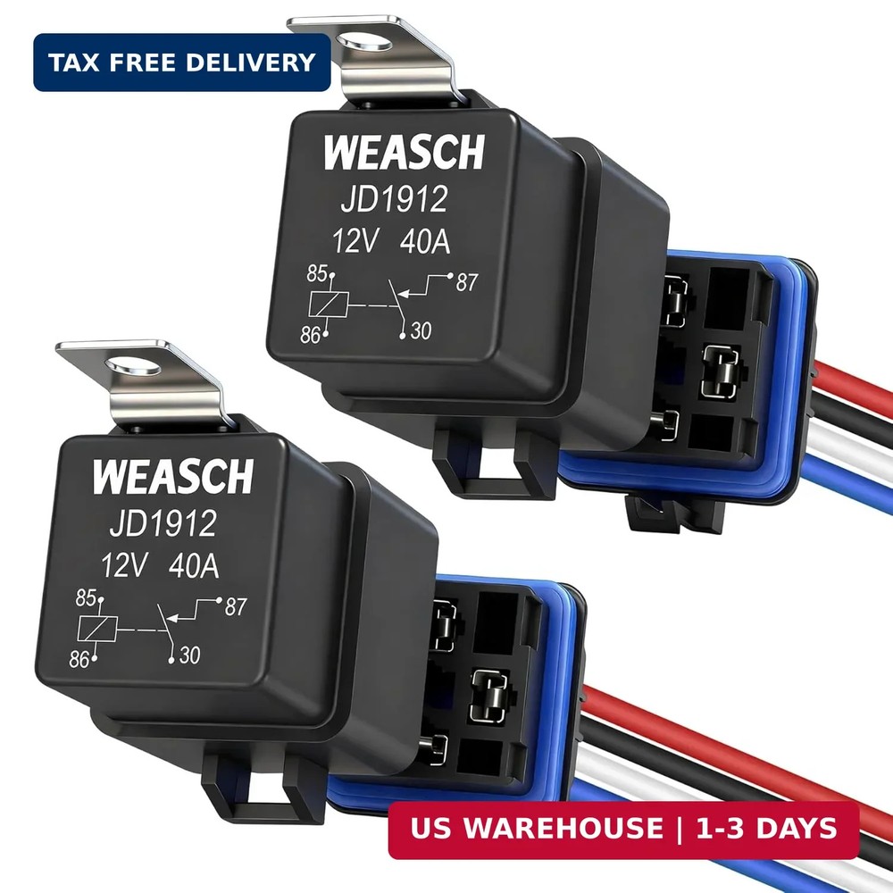 2 Pack Waterproof Relay Kit, 12V 40A, 4 Pin SPST, Heavy Duty 14 AWG Tinned Coppe