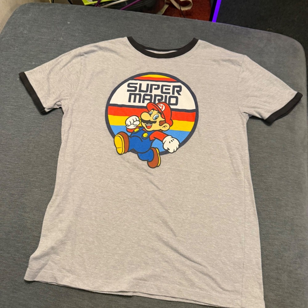 Nintendo Super Mario Graphic Ringer T-Shirt Grey Retro Rainbow Mens Large