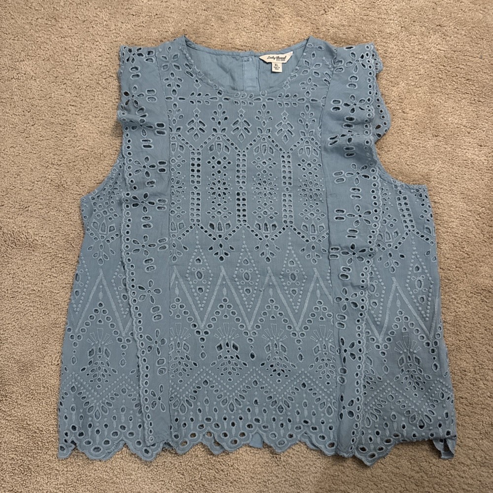 Lucky Brand Blue Embroidered Eyelet Sleeveless Cotton Blouse Size XL NWOT Boho