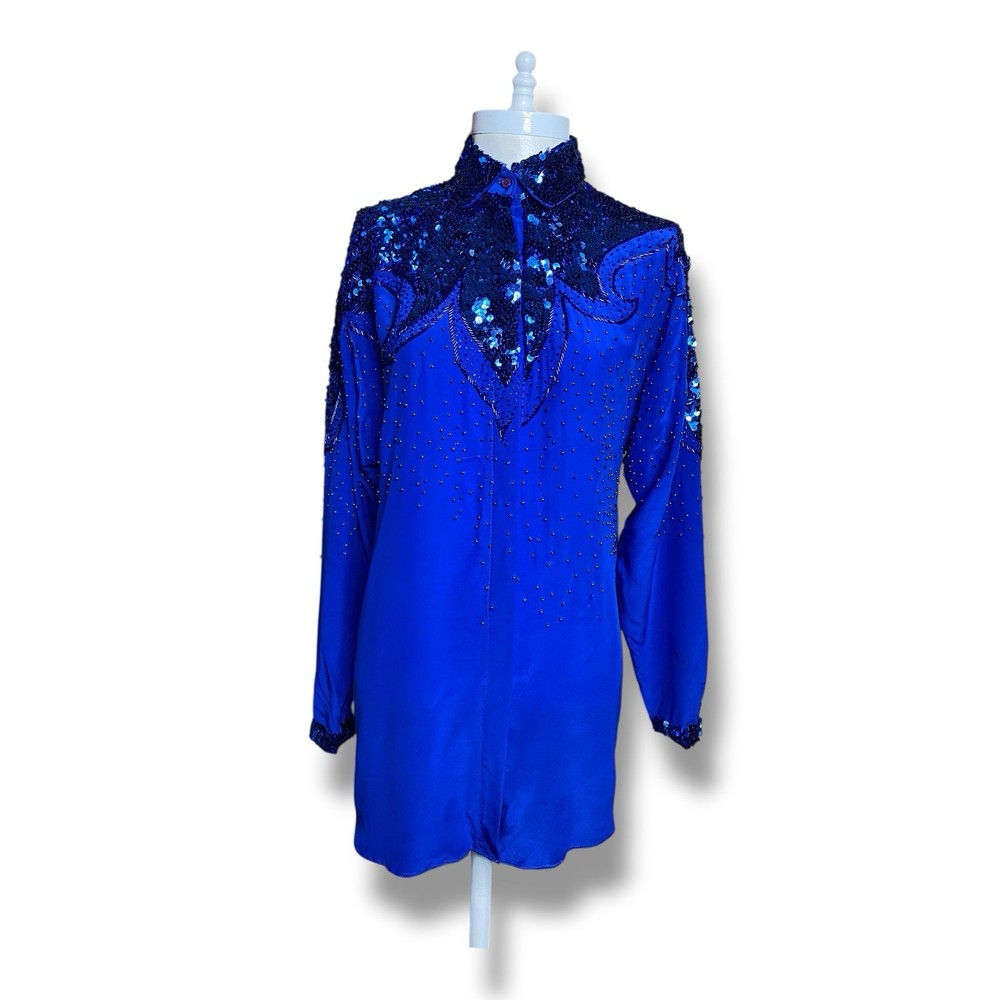 Vintage Blue Sequins Shirt Womens S/M Beaded Western Blouse Sequins